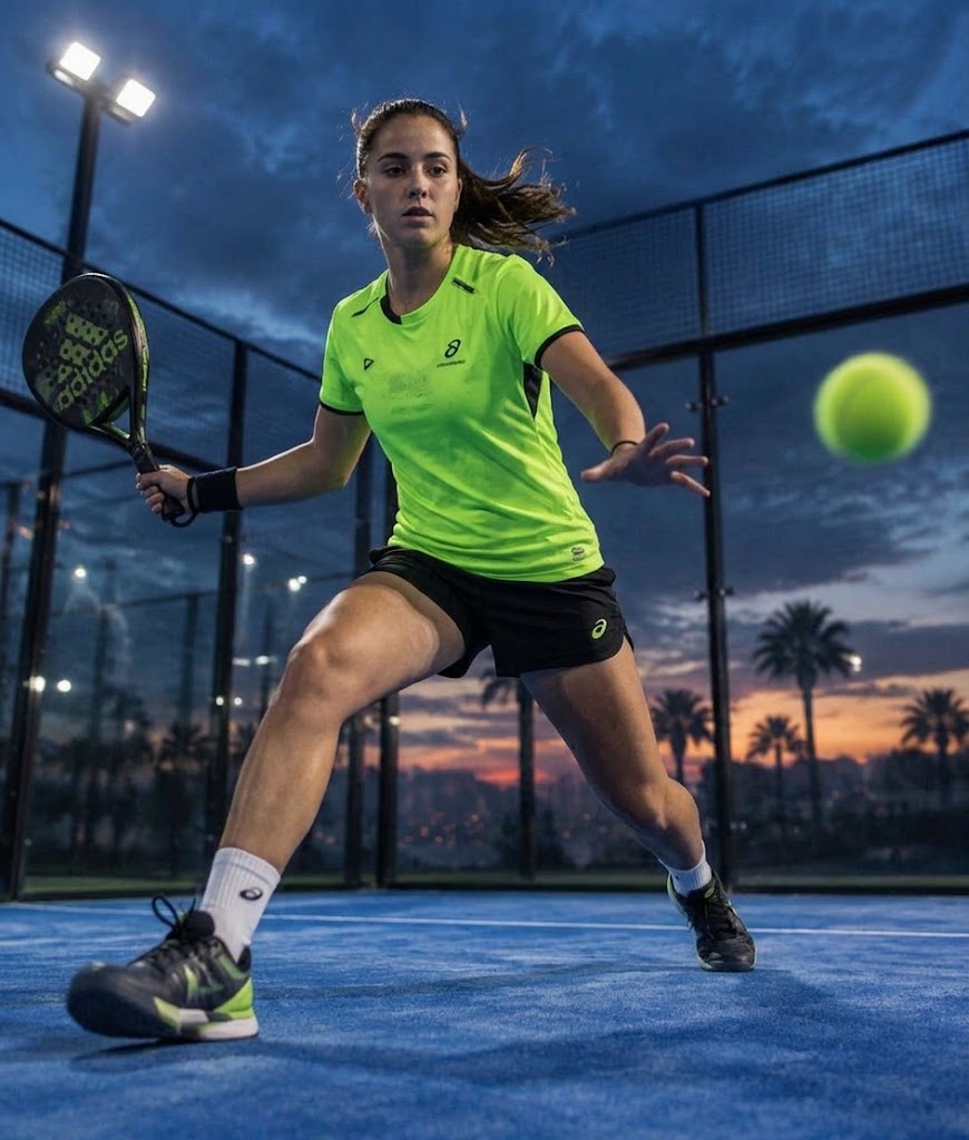 Jugador de pádel en una cancha al atardecer